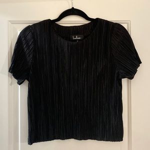 Lulus Micro Pleated Silky Cropped Black Tee Shirt